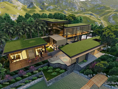 Modern Detached Villa With Green Roof Open Design Swimming Pool And Mountain Views 3d model