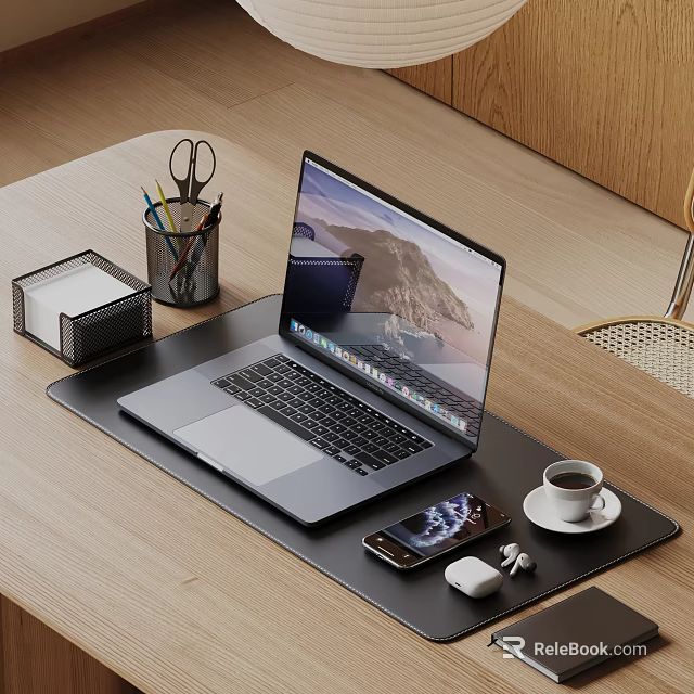 Modern Laptop Setup On Wooden Desk With Smartphone Wireless Earbuds And Coffee Cup 3d model 