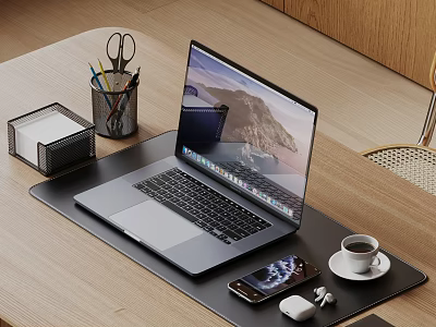 Modern Laptop Setup On Wooden Desk With Smartphone Wireless Earbuds And Coffee Cup 3d model