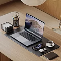 Modern Laptop Setup On Wooden Desk With Smartphone Wireless Earbuds And Coffee Cup