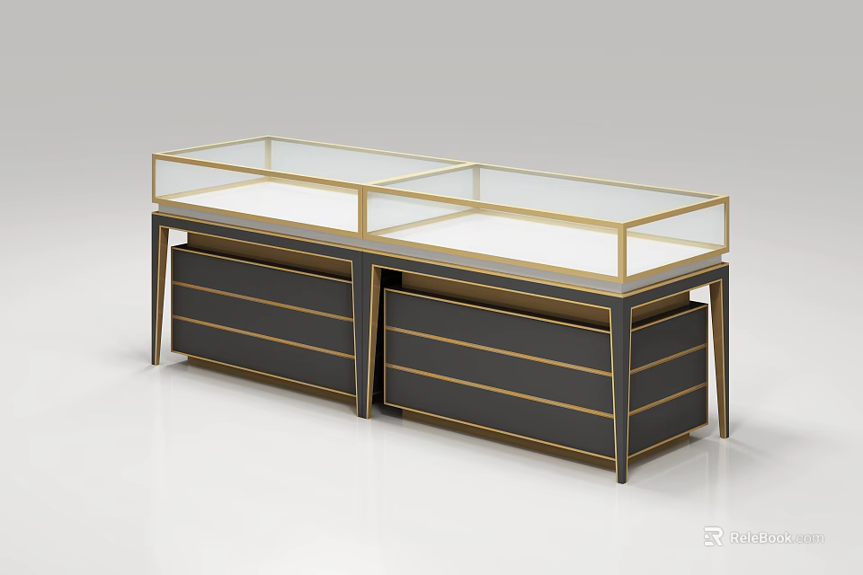 Modern Display Cabinet Shelf With Glass Showcase Gold Trim And Storage Drawers 3d model 