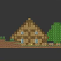 Pixel Art Wooden House With Brown Roof Green Trees And Fence