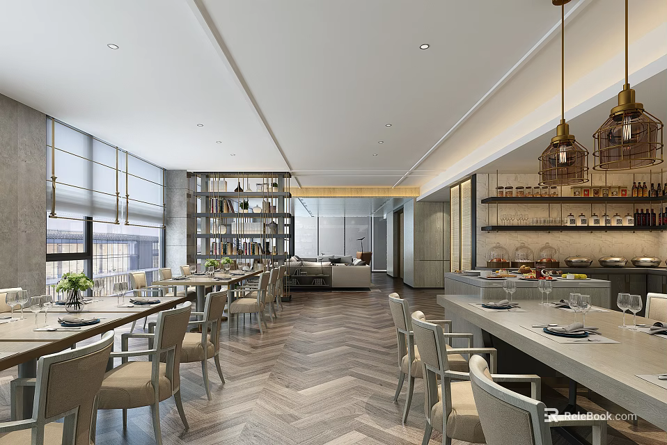 Spacious Modern Restaurant Interior With Wooden Tables And Hanging Lamps 3d model 