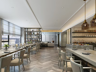 Spacious Modern Restaurant Interior With Wooden Tables And Hanging Lamps 3d model