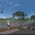 Scenic Riverside Fence Along Pedestrian Sidewalk With Street Lamps Flowering Trees And Parked Car