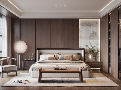 Modern Bedroom Interior Design With Dark Wooden Walls Decorative Art Floor Lamp And Bench 3d model