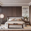 Modern Bedroom Interior Design With Dark Wooden Walls Decorative Art Floor Lamp And Bench