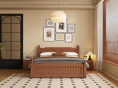 Cozy Bedroom Interior With Wooden Bed Decorative Paintings Chandelier Blinds Table Lamp And Checkerboard Rug 3d model