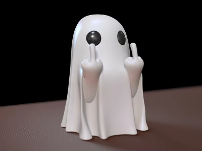 Handmade Cabinet Featuring White Ghost Figurine With Black Eyes Middle Finger Gesture On Brown Surface 3d model
