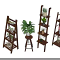 Indoor Plant Combination With Wooden Ladder Shelves And Multi Tiered Plant Stands