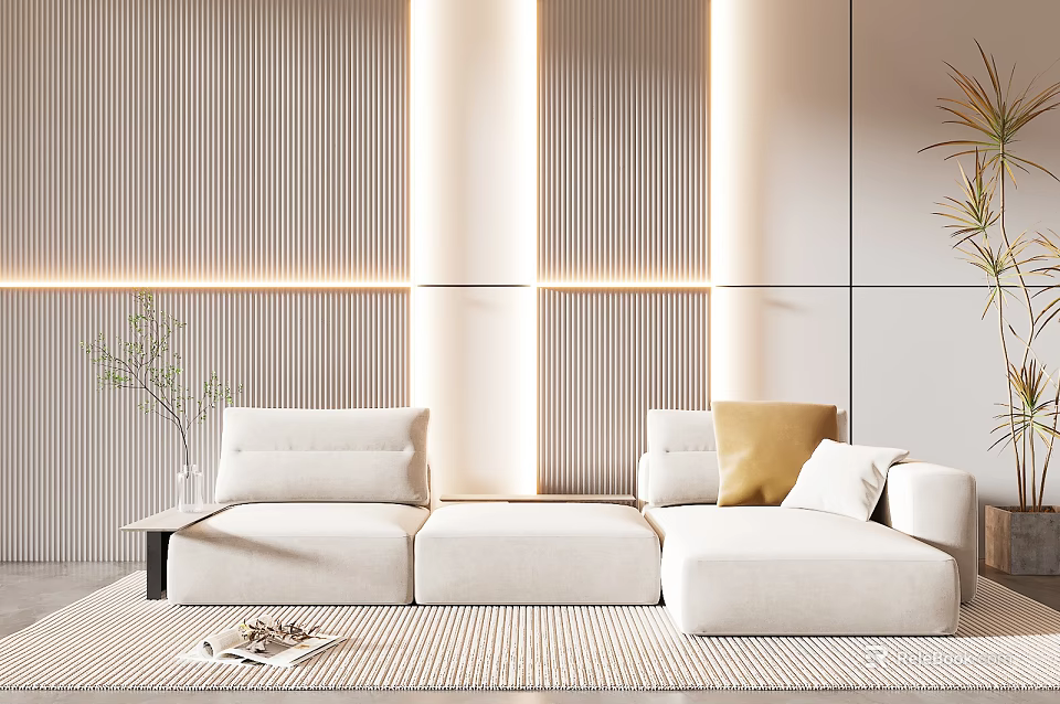 Comfortable Sectional Sofa In Modern Living Room With White Pillows Rugs And Wooden Panel Walls 3d model 