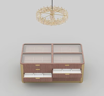 Modern Wooden Display Cabinet Shelf With Glass Compartments And Gold Trim Drawers 3d model