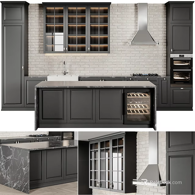 Modern Kitchen With Dark Gray Cabinets Marble Countertop Wine Rack And Brick Wall 3d model 