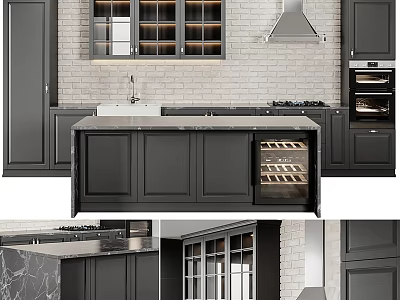 Modern Kitchen With Dark Gray Cabinets Marble Countertop Wine Rack And Brick Wall 3d model