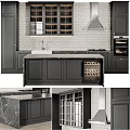 Modern Kitchen With Dark Gray Cabinets Marble Countertop Wine Rack And Brick Wall