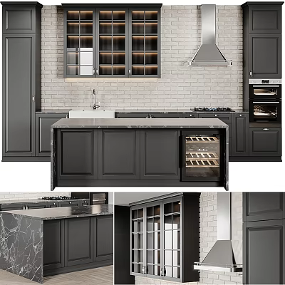 Modern Kitchen With Dark Gray Cabinets Marble Countertop Wine Rack And Brick Wall 3d model