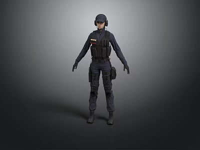 Tactical Operator in Black Tactical Uniform With Helmet Vest Gloves and Boots 3d model