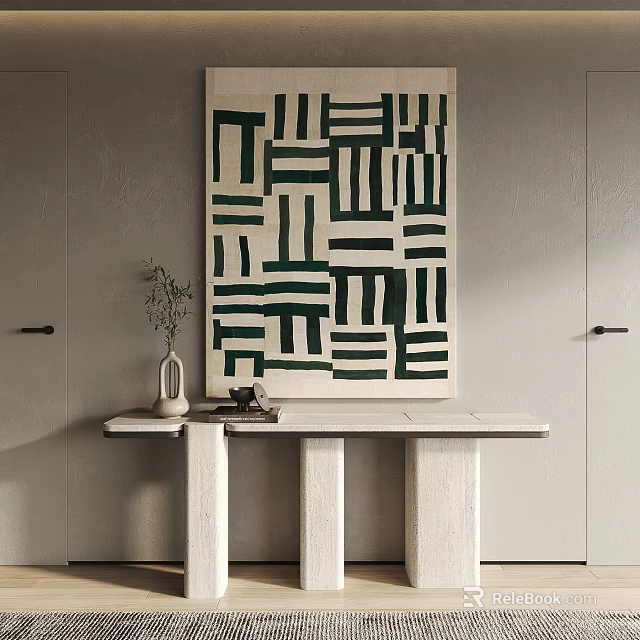 Modern Interior Decor With Green White Abstract Art Console Table Vase Plant Tea Set 3d model