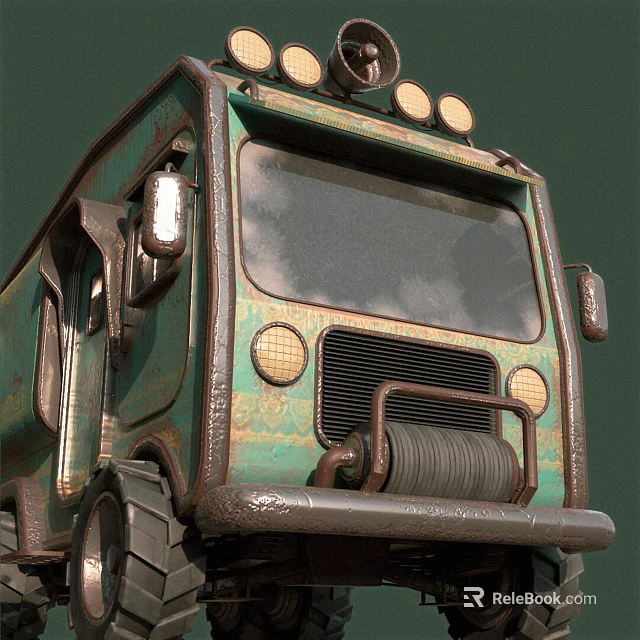 Vintage Truck Driver Standing Beside Old Green Vehicle With Round Headlights And Grill 3d model 