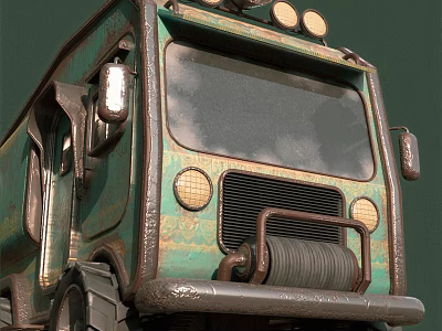 Vintage Truck Driver Standing Beside Old Green Vehicle With Round Headlights And Grill 3d model