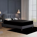 Double Bed With Gray Headboard Dark Blue Walls Pendant Lights Nightstands Flowers Rug Wooden Floor