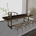 Natural Wooden Tea Table and Chairs With Green Plant Tea Set And Bamboo Blinds