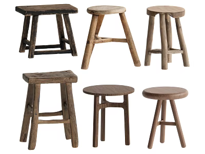 Natural Wooden Stools With Square Round Seats And Different Leg Structures 3d model