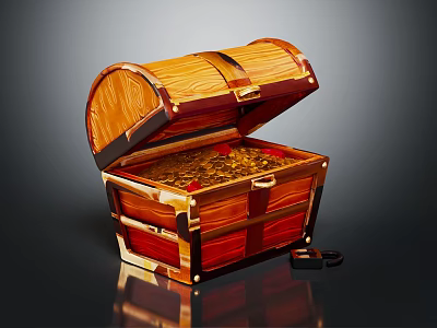 Open Wooden Chest Filled with Gold Coins and Metal Clasps 3d model