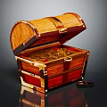 Open Wooden Chest Filled with Gold Coins and Metal Clasps