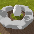 Outdoor Circular Playground Structure On Wooden Deck With Holes And Green Grass