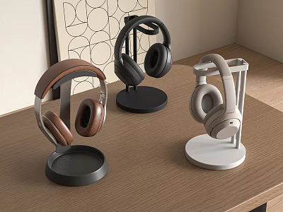 Over-ear Headphones In Various Colors On Stands With Wooden Tabletop And Geometric Wall Art Background 3d model