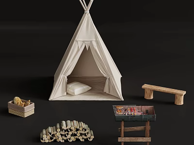 White Tepee Outdoor Setup With Wooden Bench Logs Basket And Cushion 3d model