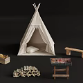 White Tepee Outdoor Setup With Wooden Bench Logs Basket And Cushion
