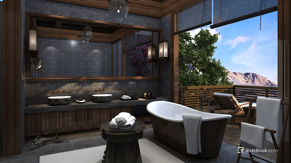 Rustic Luxury Bathroom With Freestanding Bathtub Double Vanity And Beautiful Scenic Outdoor Mountain View 3d model 