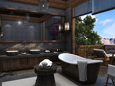 Rustic Luxury Bathroom With Freestanding Bathtub Double Vanity And Beautiful Scenic Outdoor Mountain View 3d model