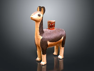 Handcrafted Llama Sculpture Carving With Brown Beige Body And Red Decorative Accent 3d model
