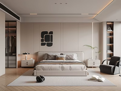 Modern Bedroom Interior With Bed Nightstands Wardrobe Decorative Art And Area Rug 3d model
