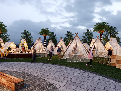 Outdoor Garden Ornaments With White Tents Palm Trees Stone Paths And Wooden Benches 3d model