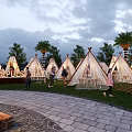 Outdoor Garden Ornaments With White Tents Palm Trees Stone Paths And Wooden Benches