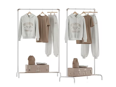 Clothes Display on Racks with Hoodie T Shirt Pants Hat and Suitcase 3d model