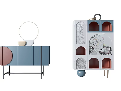 Modern Console Table And Side Cabinet With Blue Drawers White Frame And Decorative Shelves 3d model
