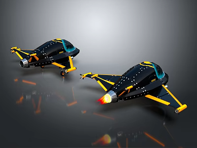 Futuristic Black And Yellow Aircraft With Flame Exhaust And Streamlined Design 3d model