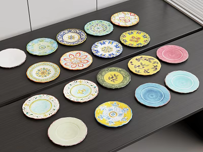 Assorted Colorful Dinnerware Set With Various Patterned Plates On Black Table 3d model