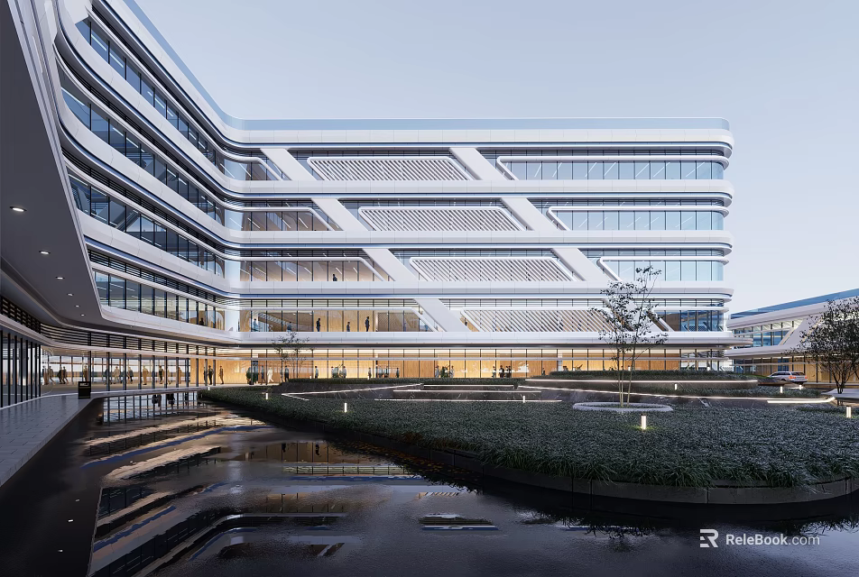 Modern Office Building With Glass Curtain Walls Geometric Structure And Landscaped Water Feature 3d model 