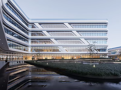 Modern Office Building With Glass Curtain Walls Geometric Structure And Landscaped Water Feature 3d model