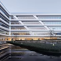 Modern Office Building With Glass Curtain Walls Geometric Structure And Landscaped Water Feature