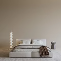 Modern Neutral Tones Double Bed With Spiral Floor Lamp And Soft Pillows On Beige Rug