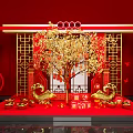 Traditional Chinese New Year Decorations With Red Lanterns Golden Tree Fu Characters And Gift Boxes