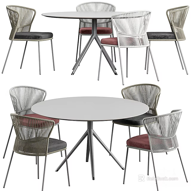 Modern Round Dining Table Set With Wire Mesh Chairs Red Gray Cushions 3d model
