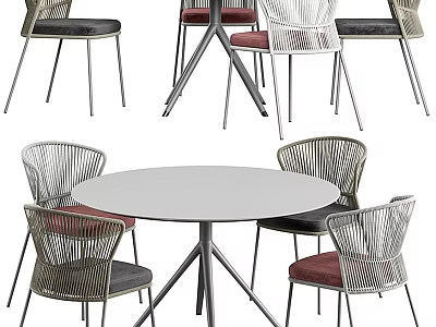 Modern Round Dining Table Set With Wire Mesh Chairs Red Gray Cushions 3d model